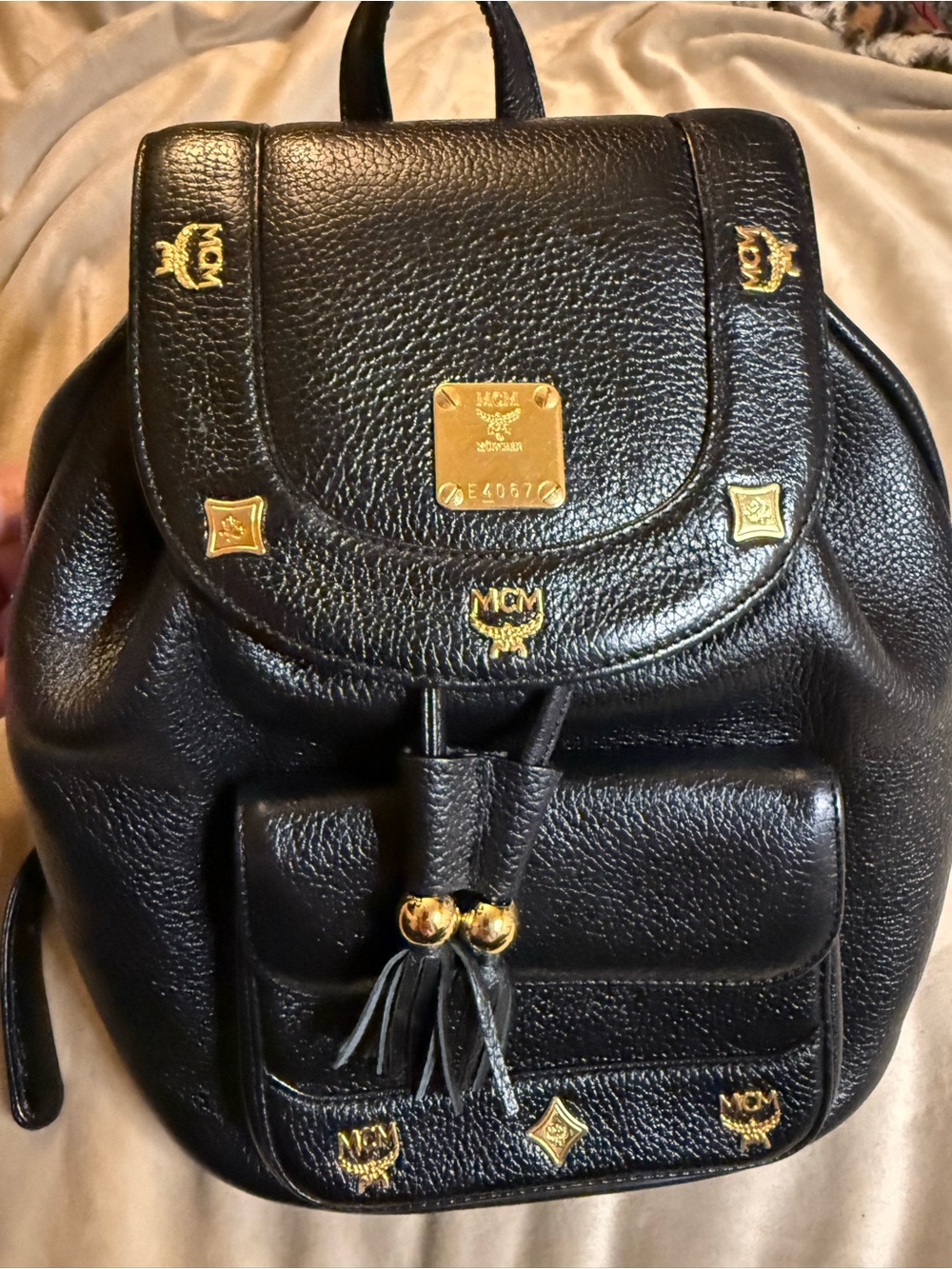 MCM Black Pebbled Leather Backpack with Gold Hardware🔥